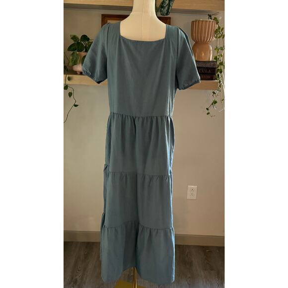Kirundo Blue Square Neck Puff Sleeve Tiered Maxi Dress Pockets Medium Lagenlook - Picture 2 of 10